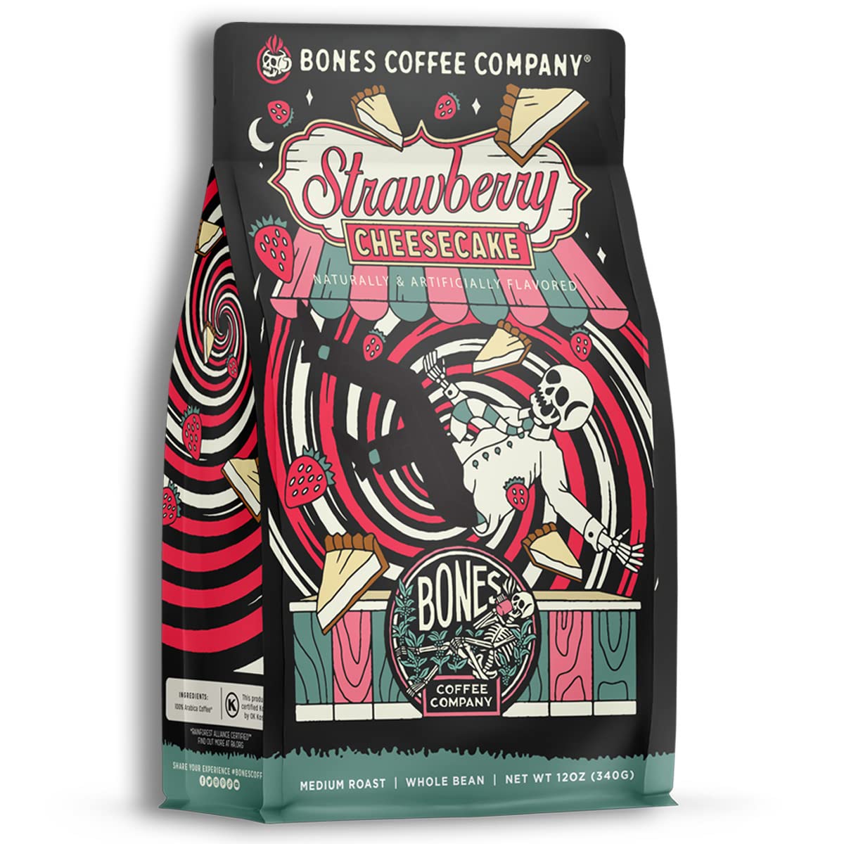 Bones Coffee Company Strawberry Cheesecake Whole Coffee Beans | 12 oz Medium Roast Low Acid Coffee | Flavored Coffee Gifts & Gourmet Coffee Beverages (Whole Bean)