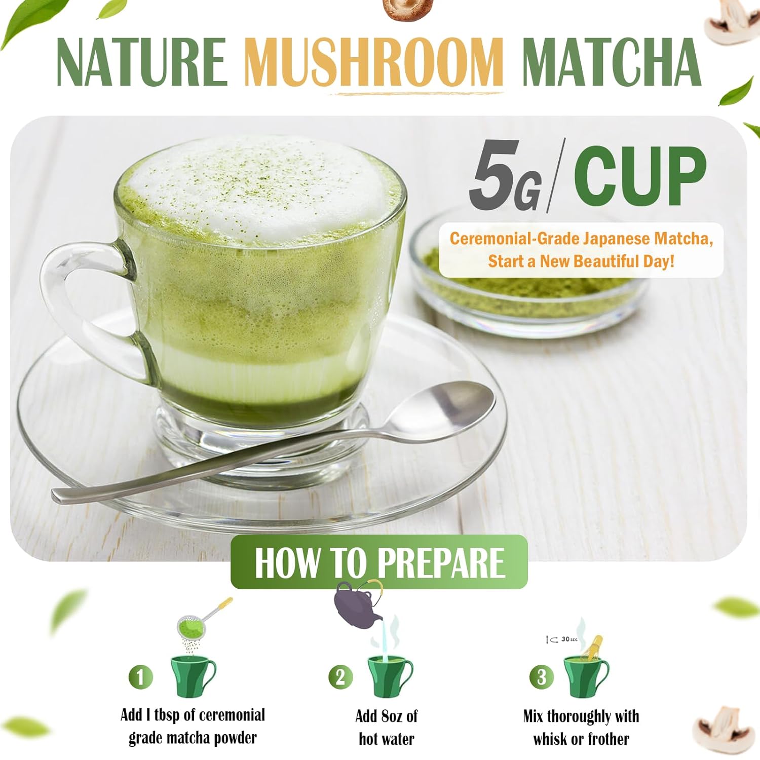 Mushroom Matcha Powder, Japanese Ceremonial Matcha Infused With 7 Superfood Mushrooms, Mct Oil, Coconut Milk Powder, Natural, Gluten Free, Taste Great Matcha Latter 8 Oz(45 Servings)