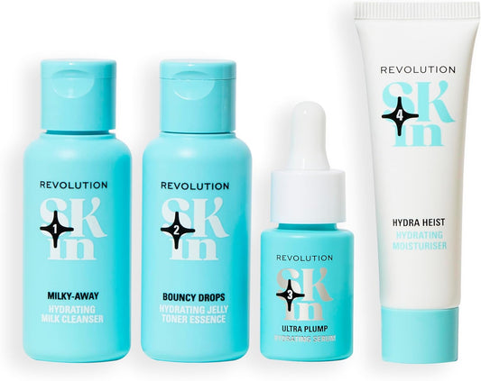 Revolution Skin, Happy Hydrate 4 Step Starter Kit, Hydrating Skincare Set Includes Cleansing Milk, Essence, Serum & Moisturise, Vegan & Cruelty-Free, 4 Products Included