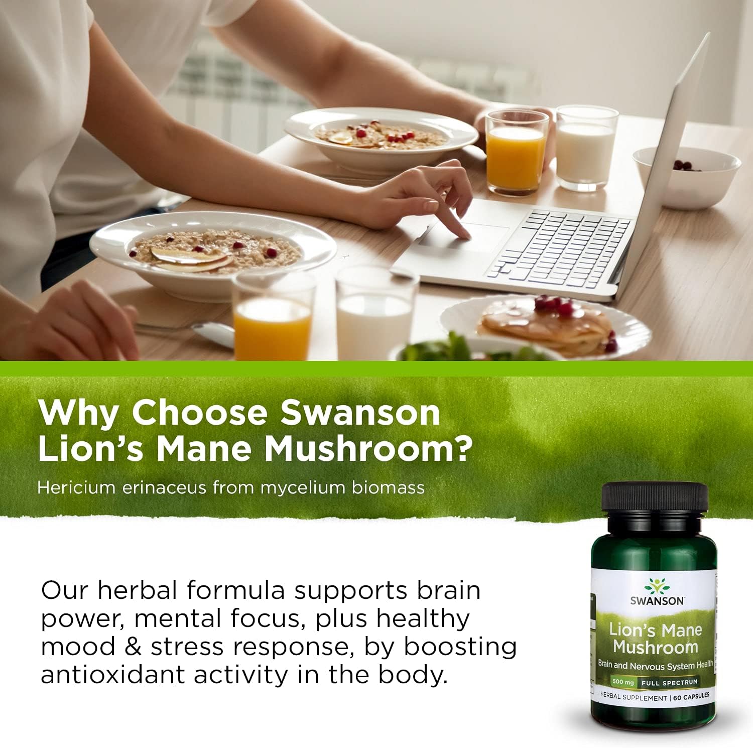 Swanson Lion's Mane Mushroom Capsules - 500 mg Each, 60 Capsules - Herbal Supplement Supporting Cognitive Function : Health & Household