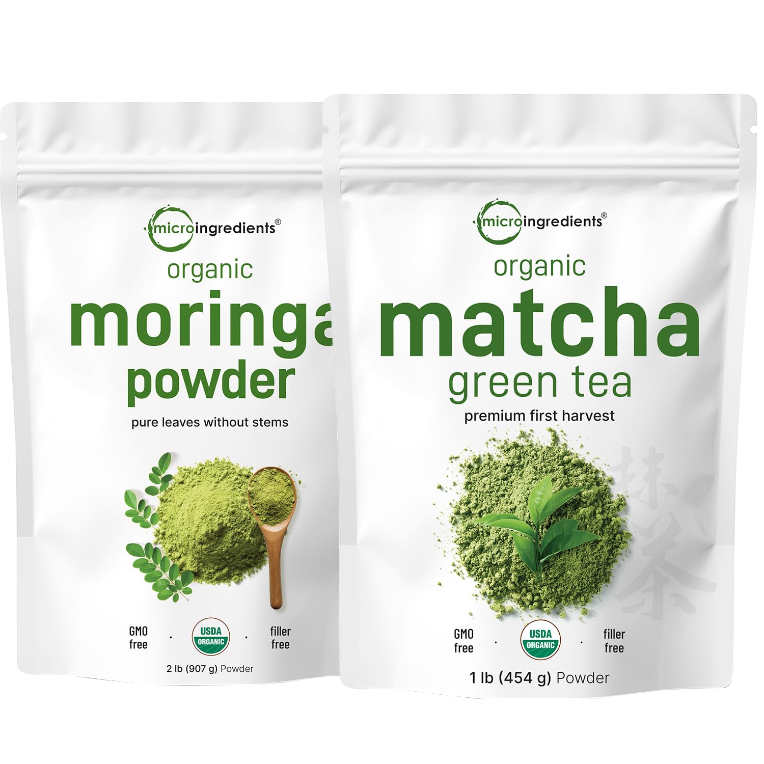 Micro Ingredients Matcha Green Tea Powder 1Lb & Moringa Powder Bundle 2 Pack | Culinary Grade, First Harvest | Raw Superfood