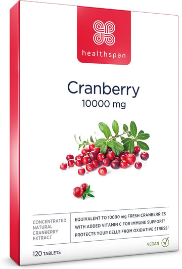 Healthspan Cranberry 10,000mg | 120 Tablets | 10,000mg Whole Cranberries| Support for Your Wellbeing and Immune Health | Added Vitamin C | Vegan