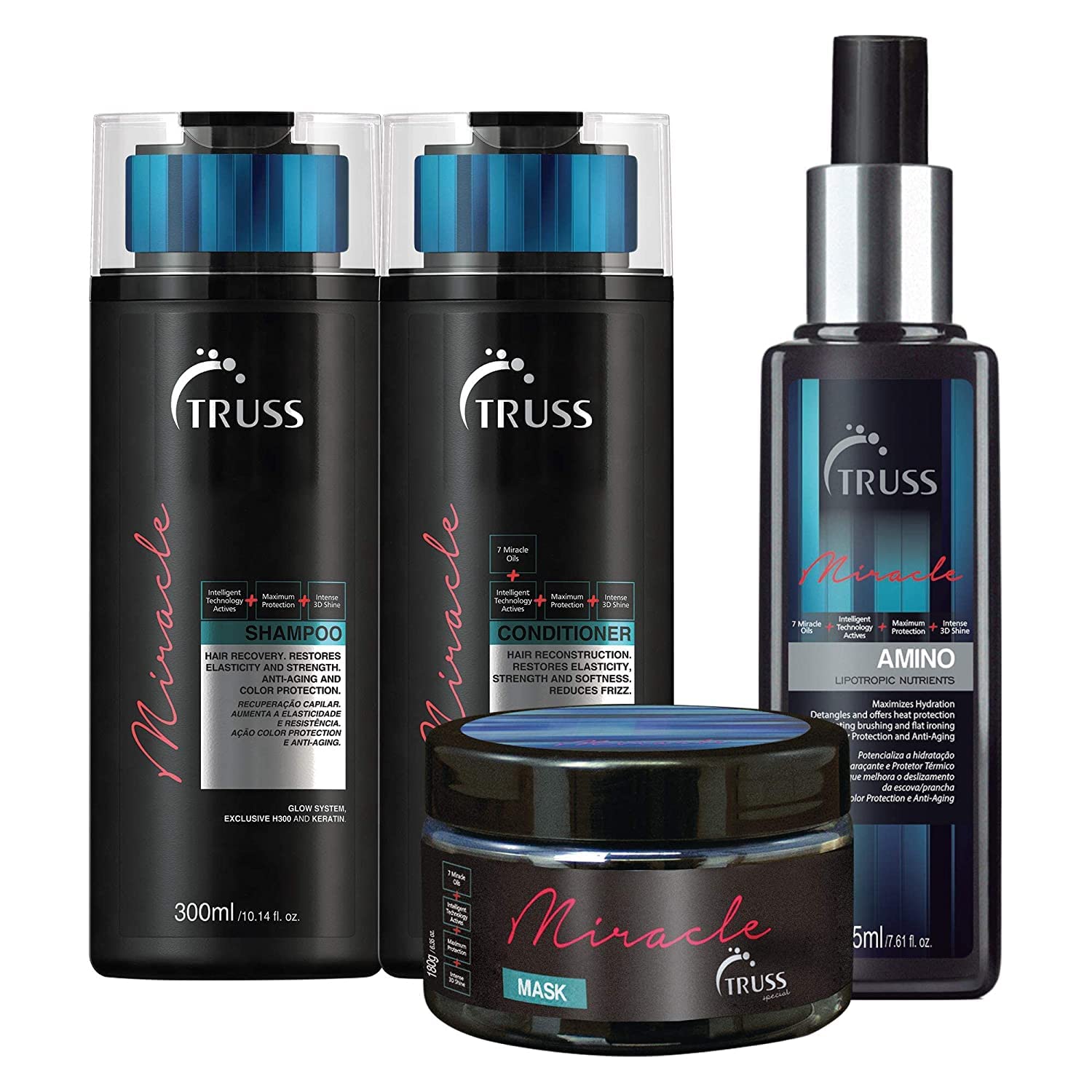 Truss Miracle Shampoo And Conditioner Set Bundle With Hair Mask And Amino Miracle Heat Protectant Spray