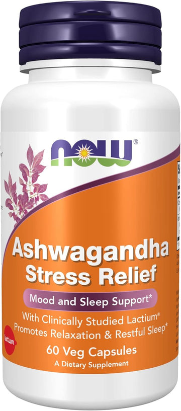 NOW Supplements, Ashwagandha Stress Relief, Mood and Sleep Suppor*, with clinically Studied Lactium®, Promotes Relaxation and restful Sleep*, 60 Veg Capsules