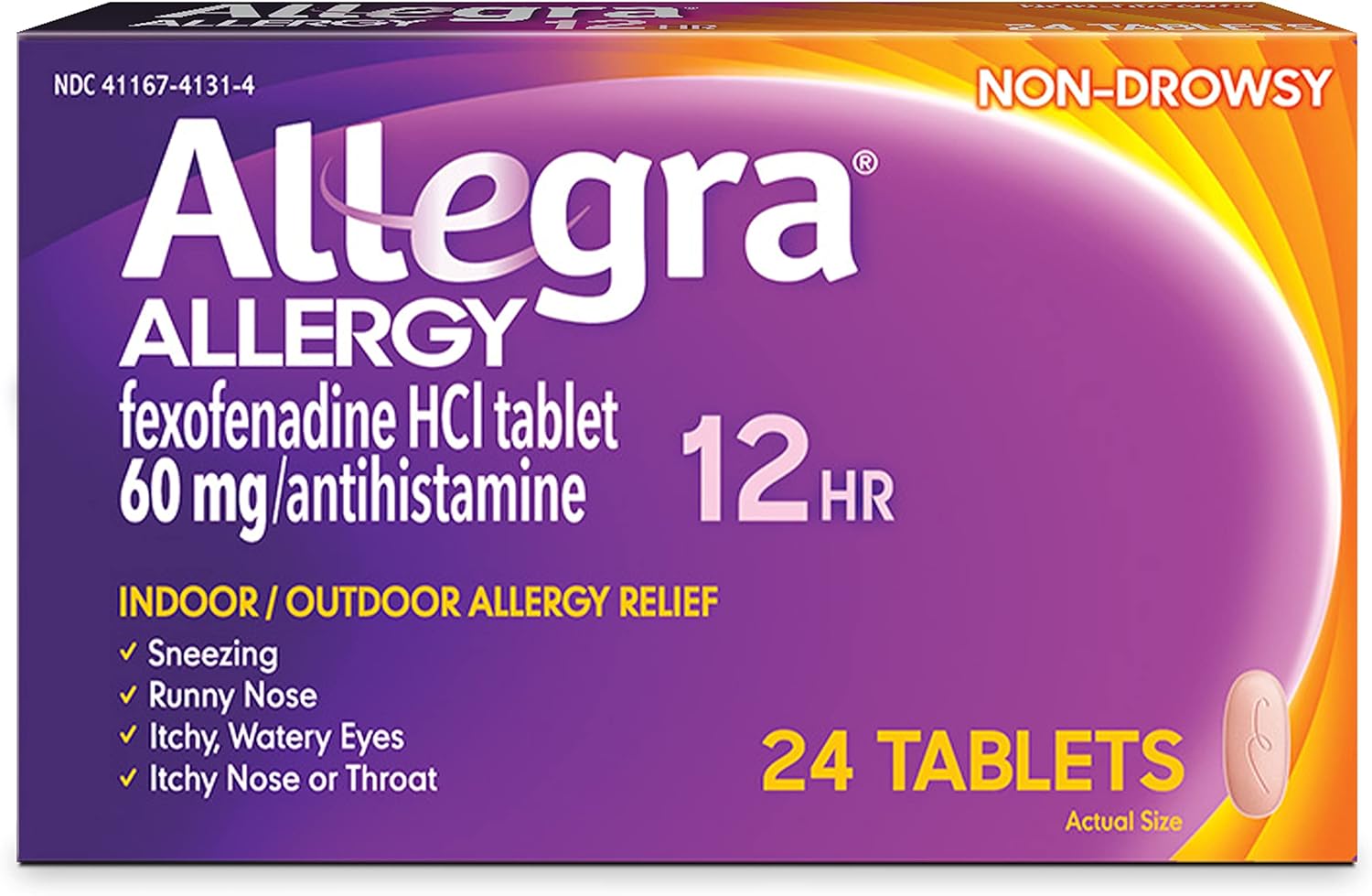 Allegra Adult 12Hr Non-Drowsy Antihistamine, Fast-Acting Allergy Symptom Relief, 60 Mg, 24 Count (Pack Of 1)