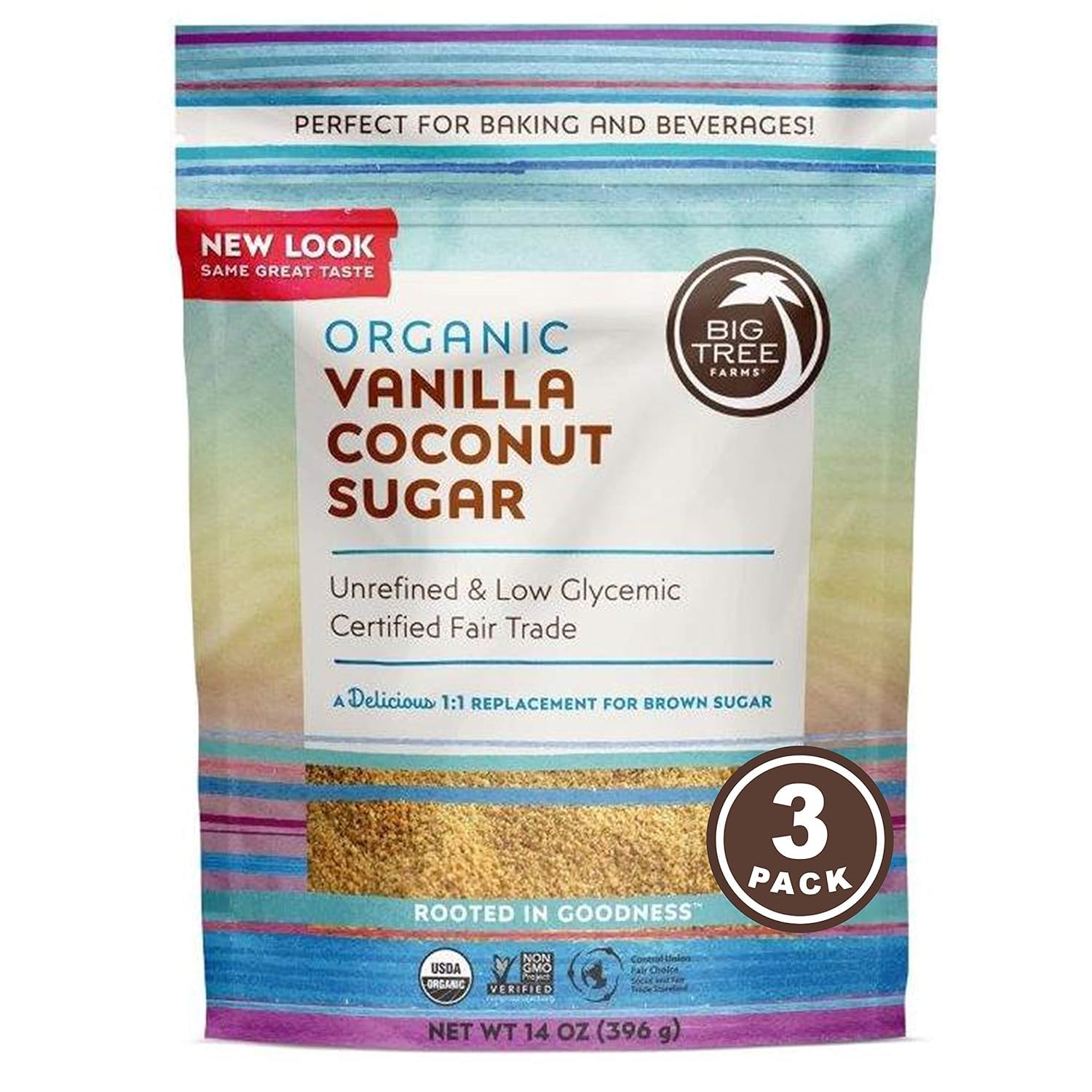 Big Tree Farms Organic Vanilla Coconut Sugar - Coconut Palm Sugar, Unrefined, Fine Crystals, Cane Sugar Replacement, Coconut Blossom Nectar, Vegan, Perfect For Baking - 14 Oz (Pack Of 3)