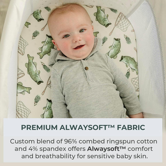 Pobibaby - 2 Pack Premium Bassinet Sheets For Standard Bassinets - Ultra-Soft Jersey Knit, Stylish Floral Pattern, Safe And Snug For Baby (Gone Fishing)