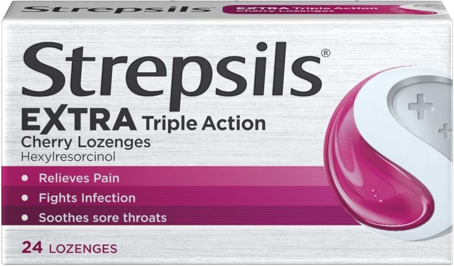 Strepsils Extra Triple Action Cherry Lozenges, 24 Count, Fast Sore Throat Relief, Soothes In 5 Minutes, Enhanced Pain Management, Effective Discomfort Medication