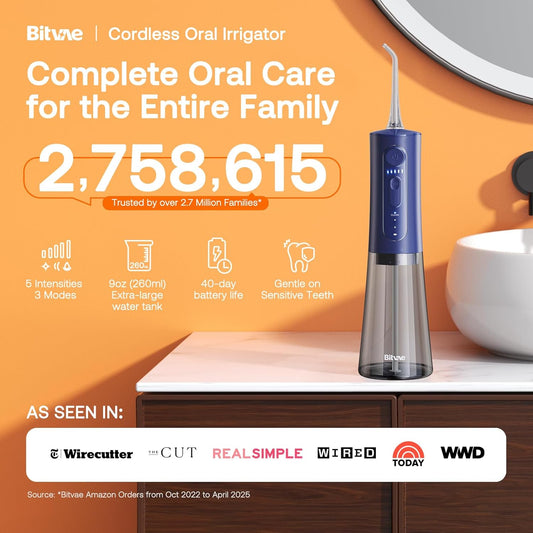 Bitvae Cordless Water Dental Flosser For Teeth, Portable 300Ml Water Teeth Cleaner Picks, 3 Cleaning Modes 6 Jet Tips, Water Dental Picks For Cleaning (Midnight Blue)