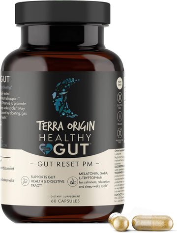 TERRA ORIGIN Healthy Gut Reset PM | 60 Veggie Caps | Supports Gut Health and Relaxation + Sleep-Wake Cycle | L-Glutamine, Licorice Root, Slippery Elm Root, Melatonin and More!