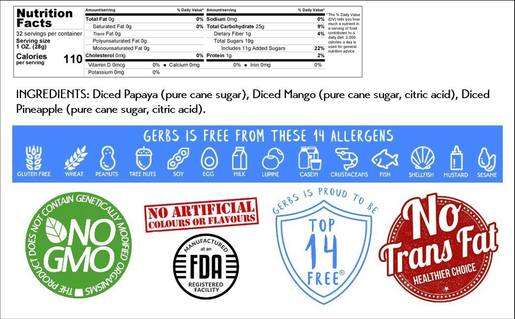 GERBS Tropical Dried Fruit Snack Mix 2 LBS. Premium Grade | Top 14 Food Allergy Free | Resealable Bulk Bag | Made in USA | Unsulfured Diced Mango Pineapple Papaya | Gluten Peanut Tree Nut Free : Grocery & Gourmet Food