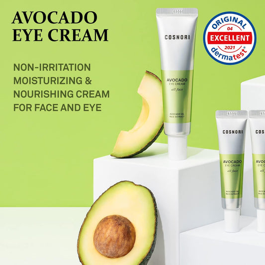 Cosnori Avocado Eye Cream - Nourishing Eye And Face Cream - With Organic Avocado And Rice Bran Extract – Korean Skincare – Anti Wrinkle And Depuff – Irritation Free Formula, 1.01 Oz