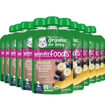 Gerber Organic Baby Food Pouches, 2nd Foods for Sitter, WonderFoods, Banana Blueberry Blackberry Oatmeal, 3.5 Ounce (Pack of 12)