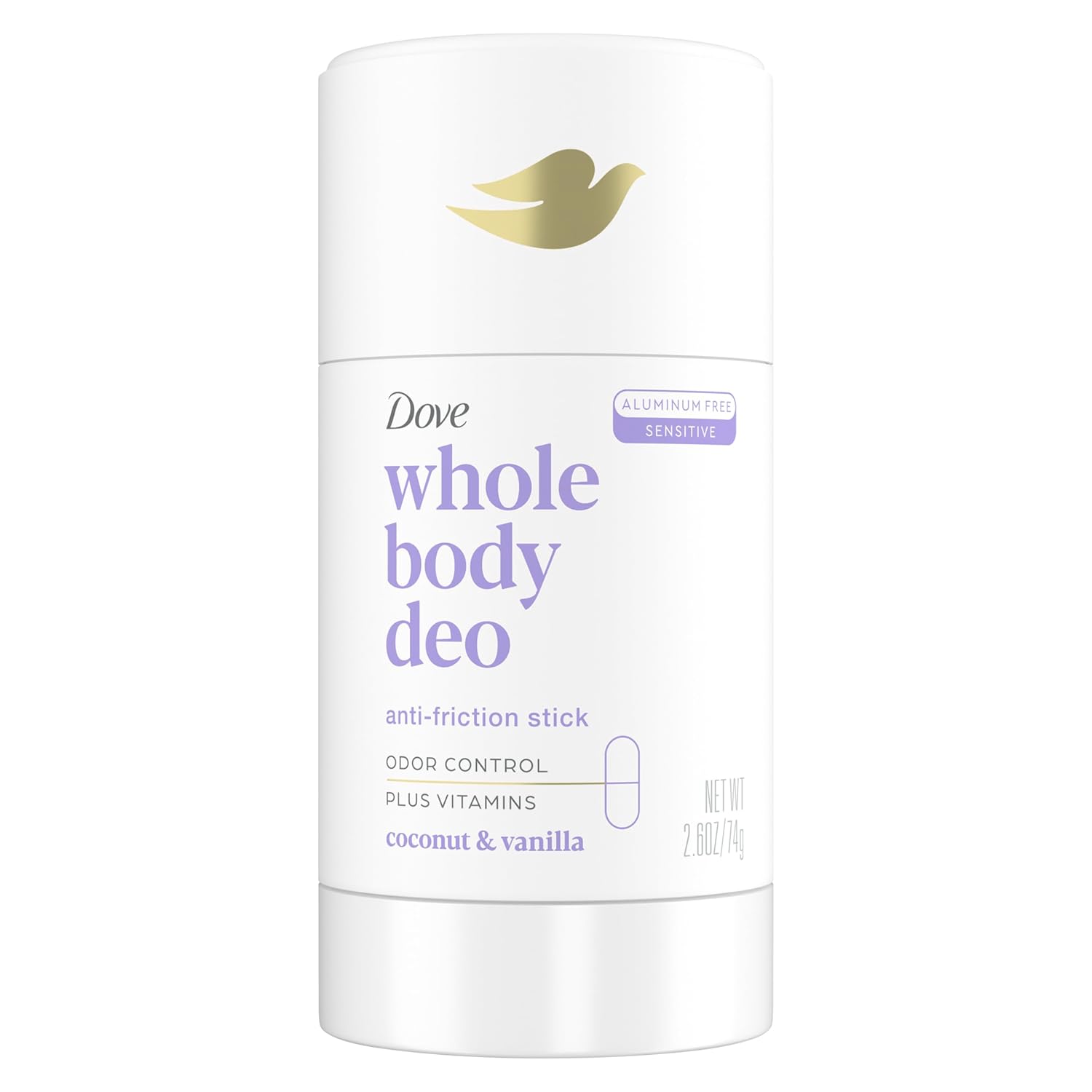 Dove Whole Body Deo Aluminum Free Anti-Friction Deodorant Stick Coconut + Vanilla For All Day Odor Control 2.6 Oz