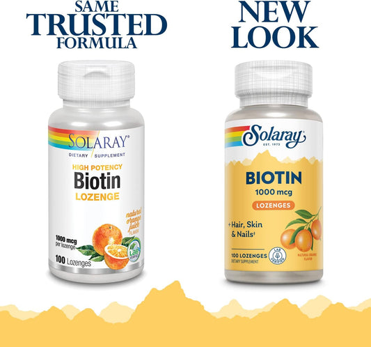 SOLARAY High Potency Biotin 1000 mcg | Natural Orange Juice Flavor | Healthy Hair, Skin & Nails Support | 100 Lozenges