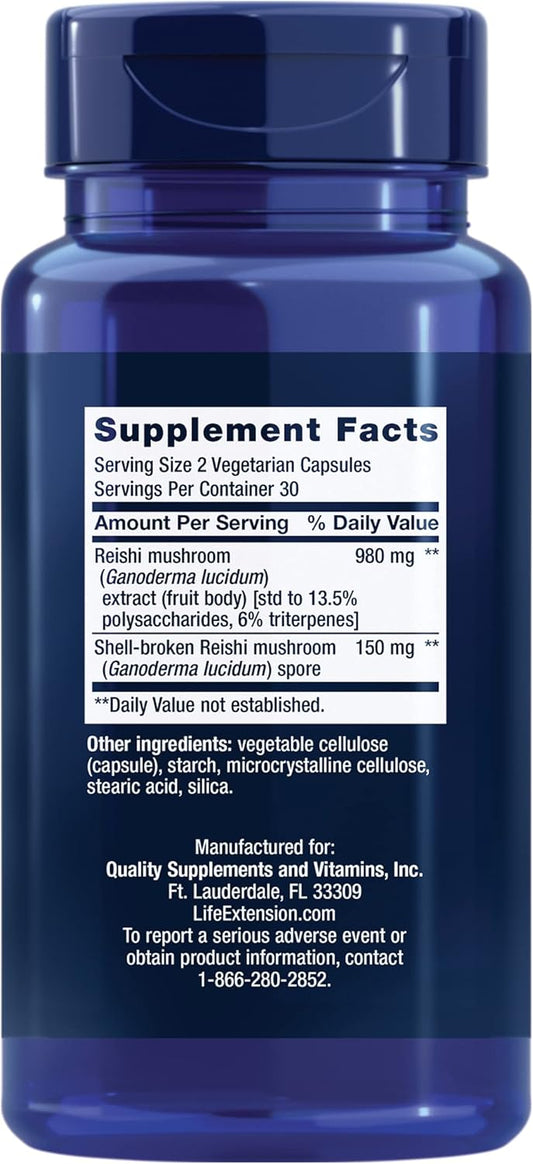 Life Extension Reishi Extract Mushroom Complex - Mushrooms Herbal Supplement For Immune Support – Ganoderma Lucidum Extract - Gluten-Free, Non-Gmo, Vegetarian – 60 Capsules