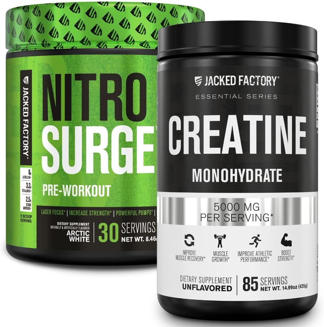 Nitrosurge Pre-Workout & Creatine Monohydrate - Pre Workout Powder With Creatine For Muscle Growth, Increased Strength, Endless Energy, Intense Pumps - Arctic White Preworkout & Unflavored Creatine