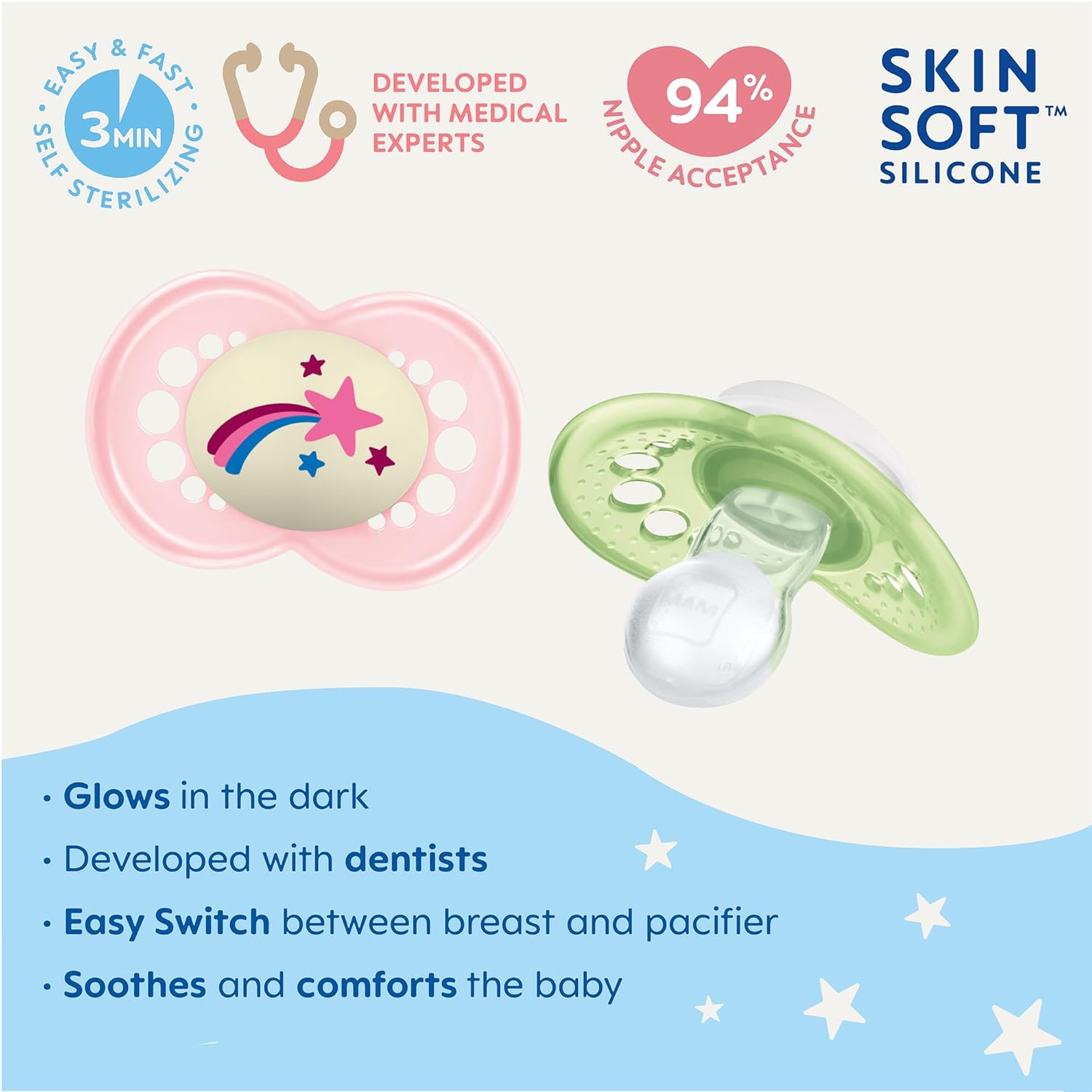 Mam Original Day & Night Baby Pacifier, Nipple Shape Helps Promote Healthy Oral Development, Glows In The Dark, 3 Pack, 16+ Months, Girl