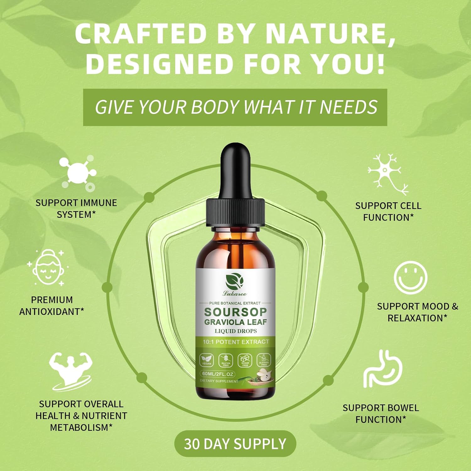 Lukaree 100% Pure Soursop Leaf Extract Drops, 10X Concentrated Graviola Soursop Bitters Liquid For Immune Digestive Energy, Cold-Extracted With High Potency, Alcohol-Free, Vegan & Non-Gmo (1 Fl.Oz) : Health & Household