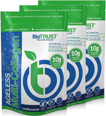 Biotrust Ageless Multi Collagen Peptides Powder – 5 Types (I, Ii, Iii, V, X) – Unflavored Collagen Powder For Women & Men – Hydrolyzed Protein – Grass Fed Beef, Fish, Chicken, Eggshell Membrane, 3-Pk