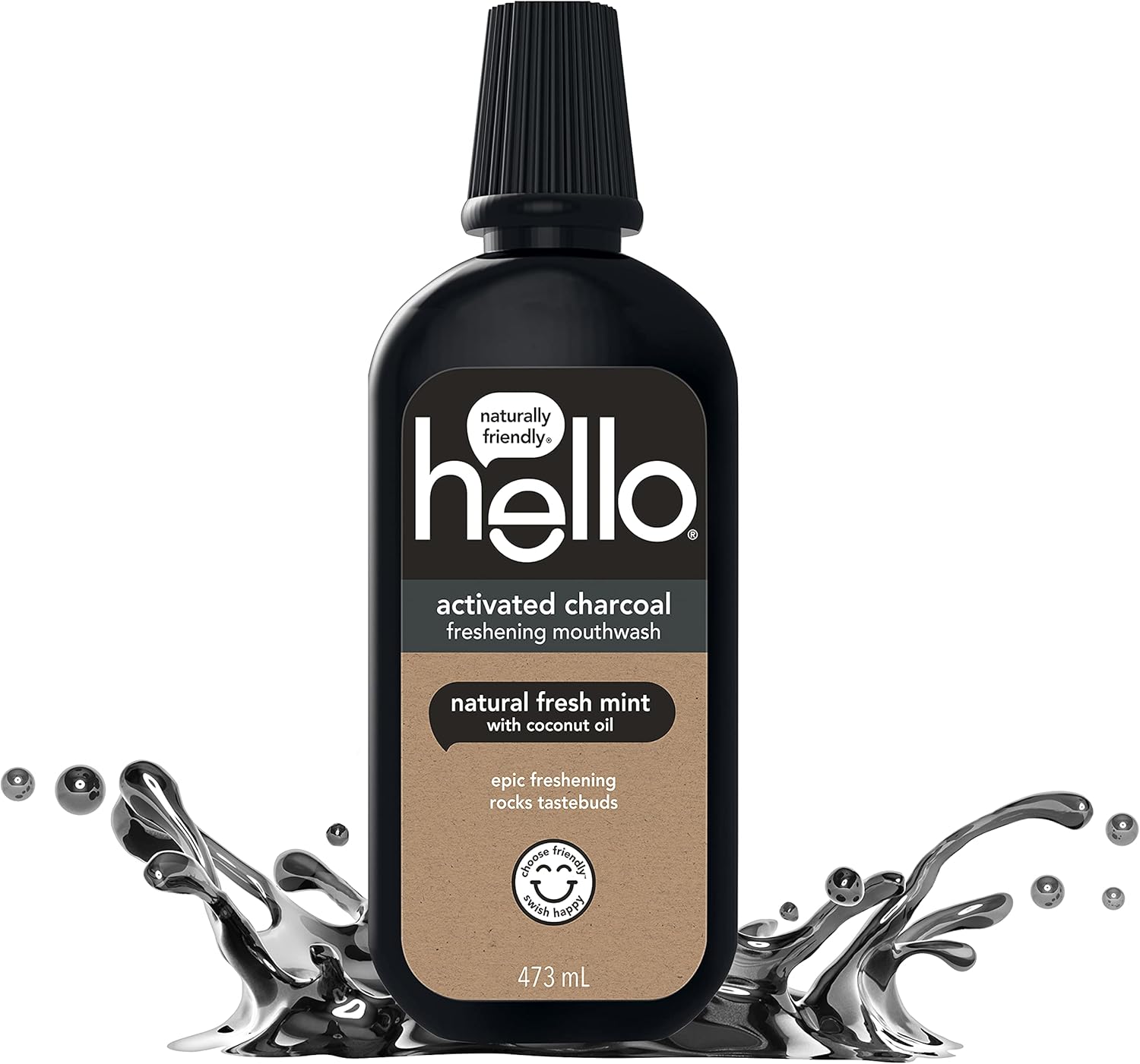 Hello Activated Charcoal Epic Freshening Mouthwash, Fluoride-Free Mouthwash With Natural Fresh Mint And Coconut Oil, Vegan, 443 Ml