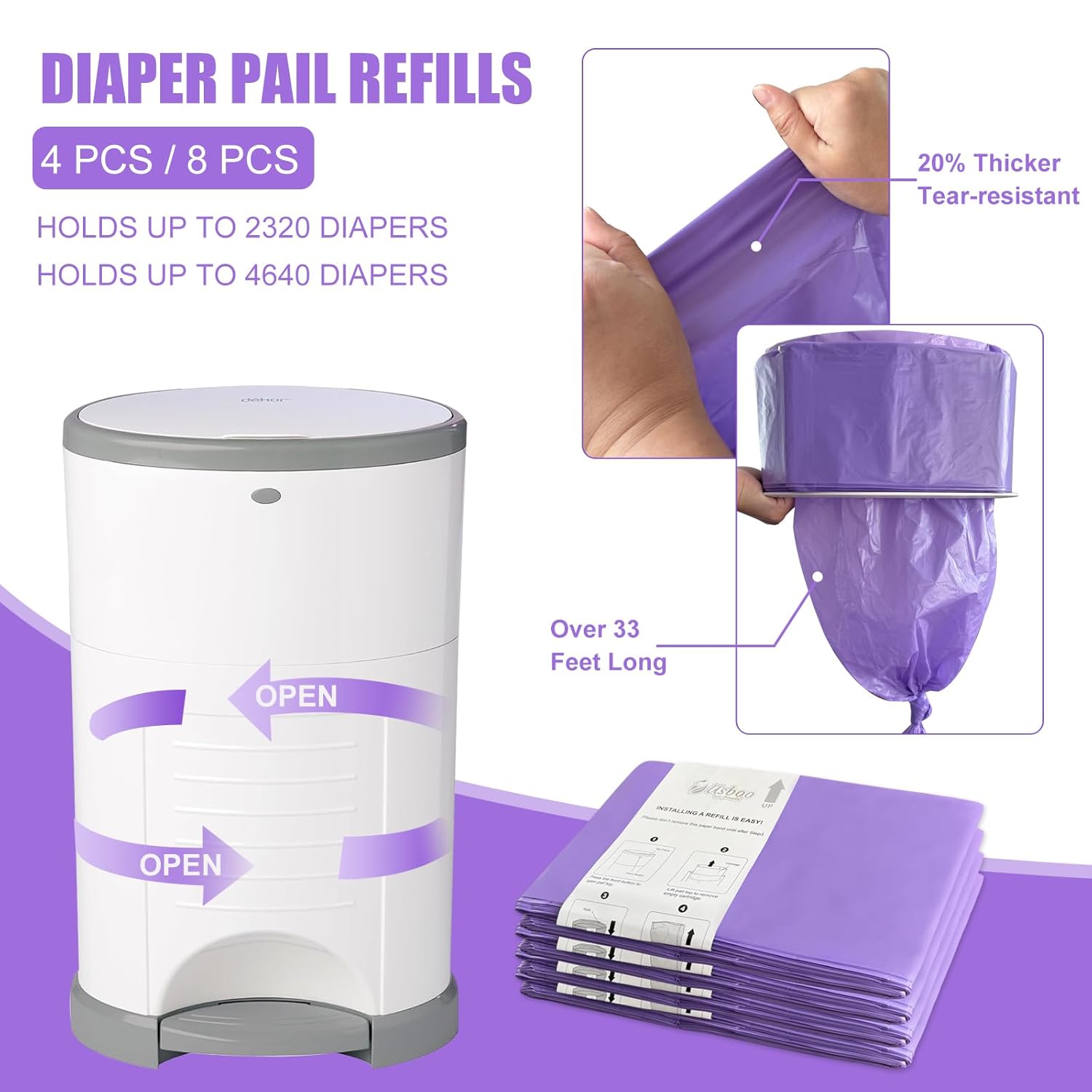 Refills Compatible With Dekor Plus Diaper Pail,8 Pack Disposable Diaper Pail Refills, Easy To Replace And Dispose Diaper Trash Bags, Holds Up To 4640 Diapers,Lavender Scent
