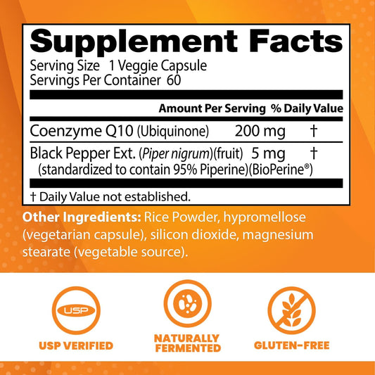 Doctor'S Best High Absorption Coq10 With Bioperine Gluten Free Naturally Fermented Vegan, Heart Health And Energy Production 200 Mg 60 Veggie Caps, White