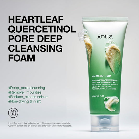 Anua Heartleaf Quercetinol Pore Deep Cleansing Foam, Facial Cleanser, For Double Cleansing, Bha, Hyaluronic Acid, Glycerin, Face Wash, Blackhead Remover, Korean Skincare, 150Ml/5.07 Fl.Oz