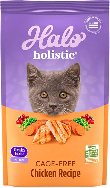 Halo Holistic Kitten Food Dry, Grain Free Cage-Free Chicken Recipe, Complete Digestive Health, Dry Cat Food Bag, Kitten Formula, 3-Lb Bag