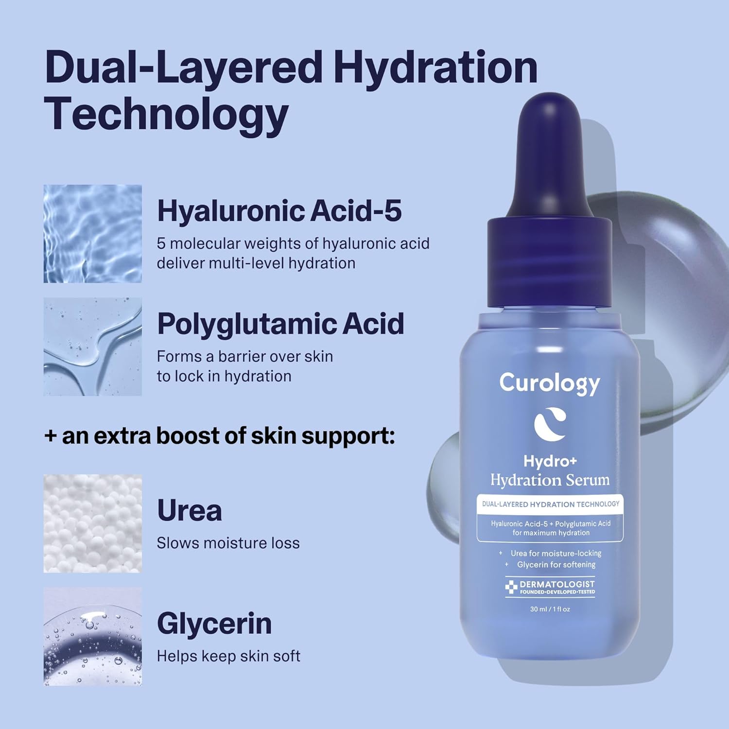 Curology Hydro+ Hydration Serum, Hyaluronic Acid-5 Complex Hydrating Face Serum, Visibly Plumping, Smoothing Skin Care, 1 Fl Oz : Beauty & Personal Care