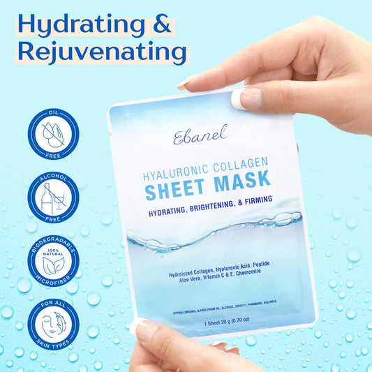 Ebanel 10 Pack Collagen Face Mask, Instant Brightening & Hydrating Face Sheet Mask With Aloe Vera, Hyaluronic Acid, Vitamin C And E, Chamomile, Anti Aging Face Mask With Hydrolyzed Collagen, Peptide