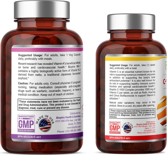 Biophix Vitamin K2 Mk-7-100 Mcg 60 - Free Vitamin C-1000 30 Tablets - Supports Strong Bones Immune Health