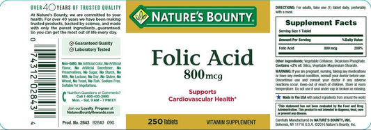 Nature'S Bounty Folic Acid Supplement, Supports Cardiovascular Health, 800Mcg, Tablet 250 Count(Pack Of 3)
