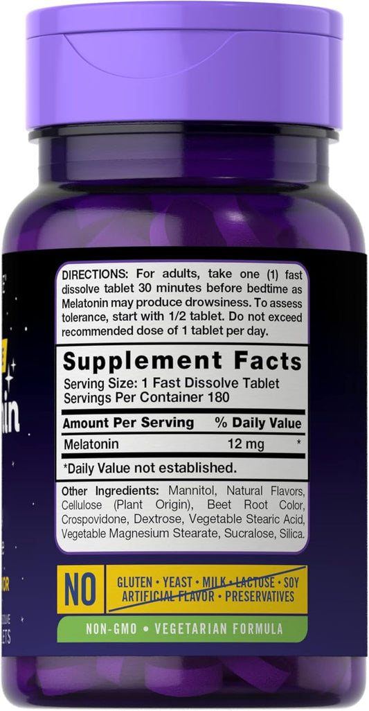 Carlyle Melatonin 12 Mg Fast Dissolve 180 Tablets | Drug Free | Natural Berry Flavor | Vegetarian, Non-Gmo, Gluten Free