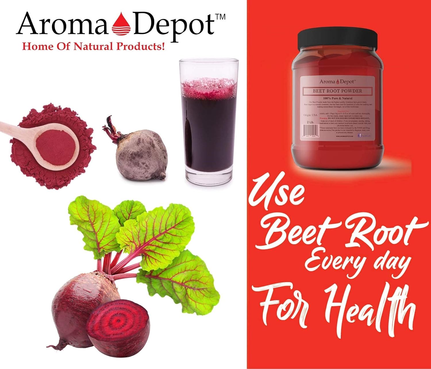 Beet Root Powder 2 lb. by Aroma Depot Raw & Non-GMO I Vegan & Gluten Free I Nitric Oxide Booster I Boost Stamina and Increases Energy I Immune System Booster I 100% Natural : Health & Household