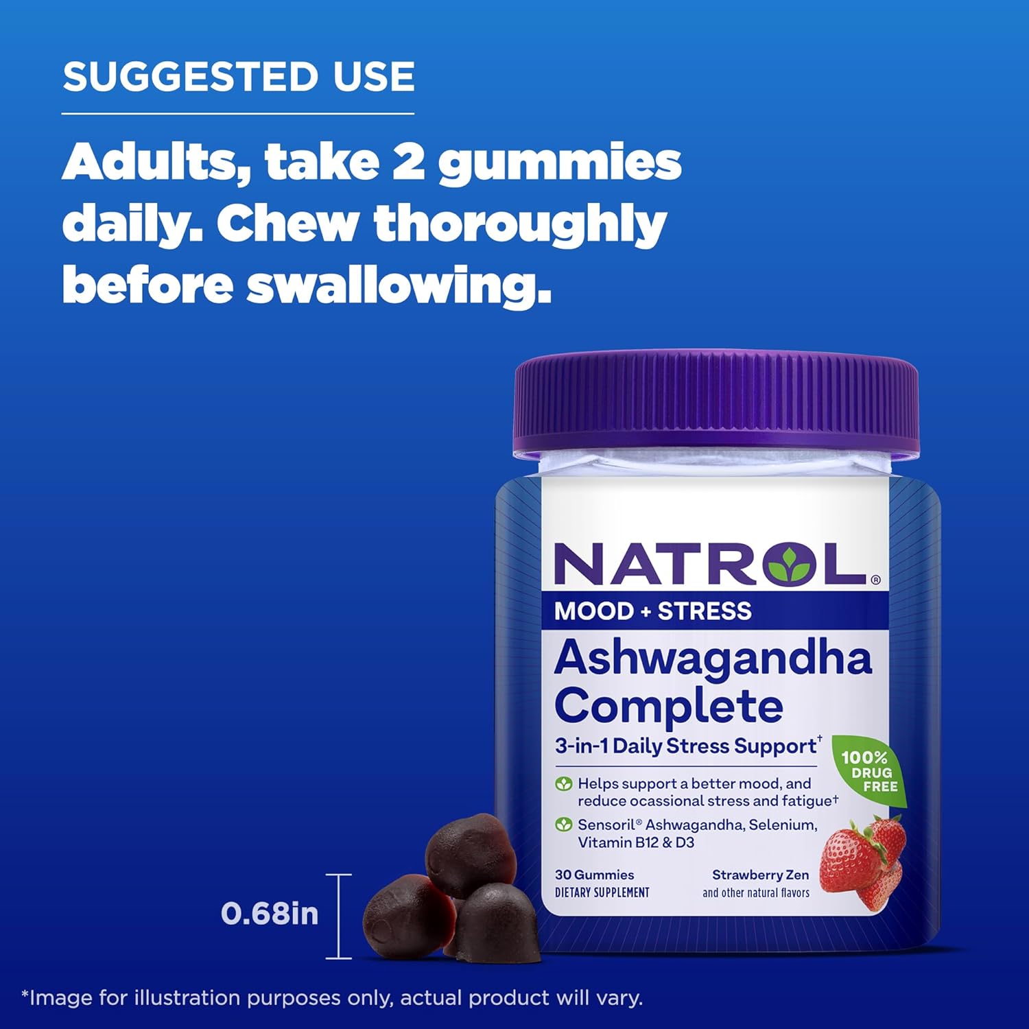 Natrol Ashwagandha Complete, 3-in-1 Daily Stress Support Gummies, Stress and Mood Support Supplement, 30 Strawberry Zen-Flavored Ashwagandha Gummies, 15 Day Supply : Health & Household