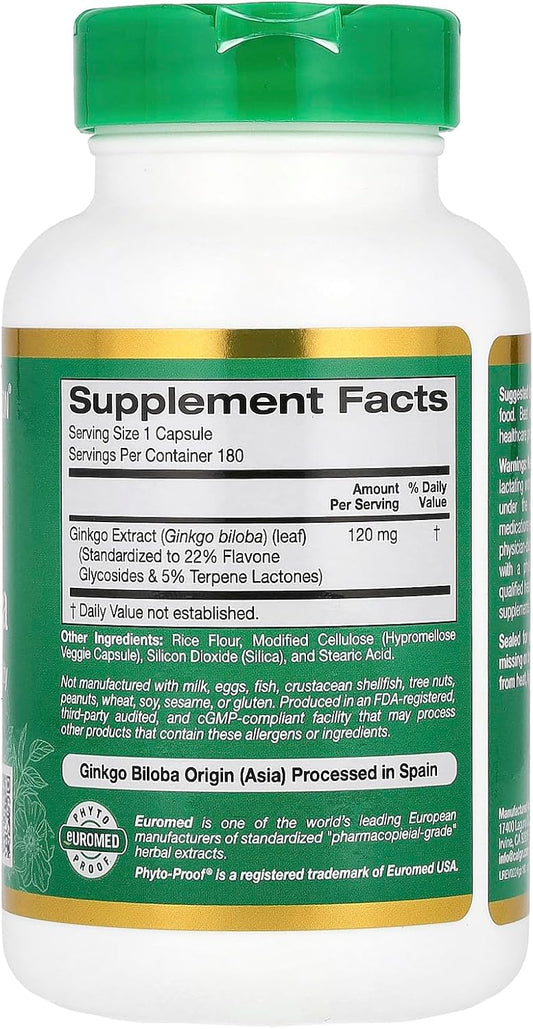 Ginkgo Biloba Extract, Euroherbs, Supports Cognitive Health, Standardized To 22% Flavone Glycosides, 5% Terpene Lactones, 120 Mg, 180 Veggie Capsules