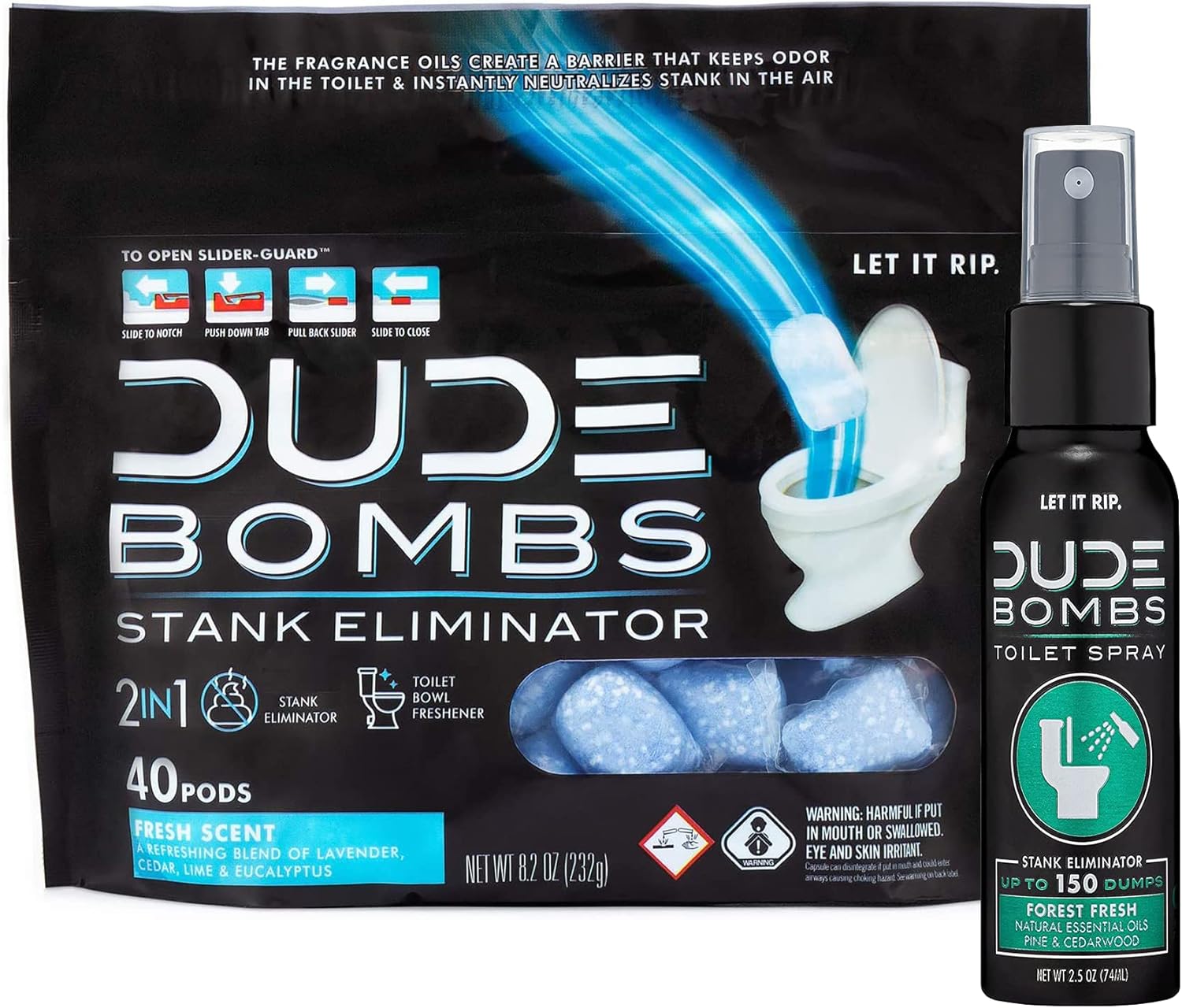 Dude Bombs - Toilet Stank Eliminator (1 Pack, 40 Pods) & Toilet Spray (2.5 Oz Spray Bottle), Forest Fresh Scent - Toilet Bowl Freshener