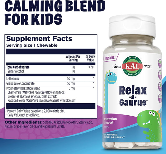 Kal Relax-A-Saurus, Stress Support Supplement For Kids, L-Theanine For Children With Herbal Stress Relief & Relaxation & Blend, Delicious Natural Grape Flavor, 60-Day Guarantee, 30 Chewables