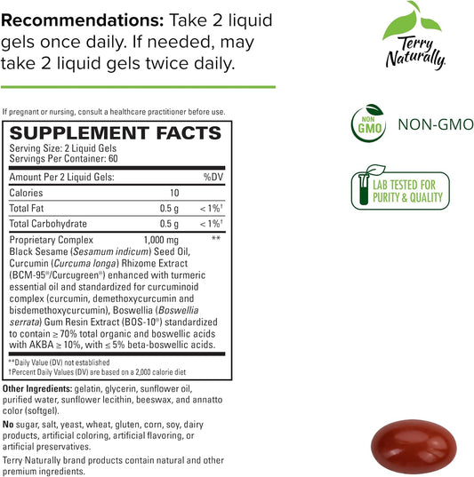 Terry Naturally CuraMed Acute Pain Relief - 120 Liquid Gels - with BCM-95 Curcumin, BOS-10 Boswellia & Black Sesame Seed Oil - Small, Easy to Swallow, Fast Dissolving - Non-GMO - 60 Servings