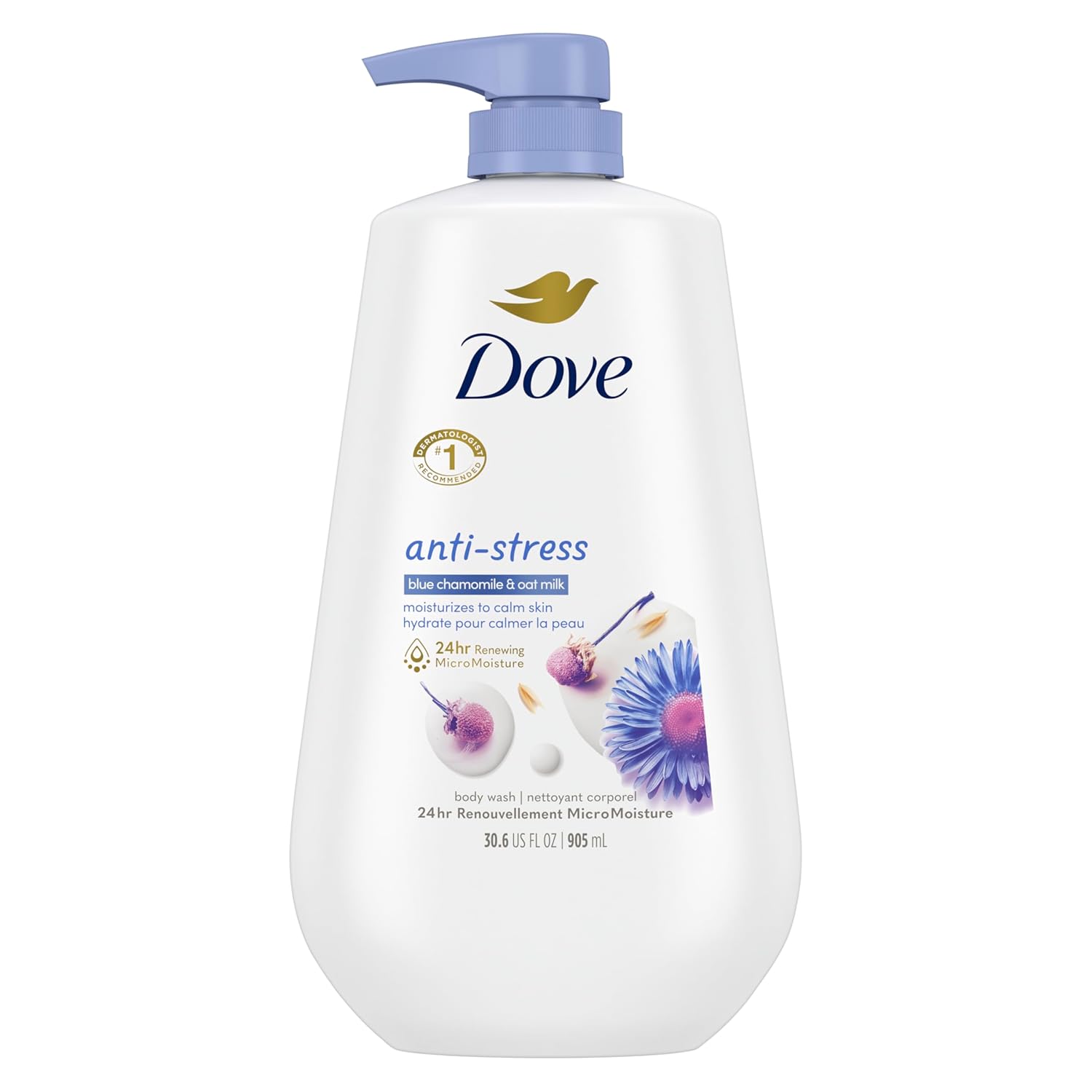 Dove Body Wash With Pump Anti-Stress Blue Chamomile & Oat Milk, For 24Hr Lotion-Soft Skin Moisturizing Skin Cleanser With No Sulfates No Parabens 30.6 Oz