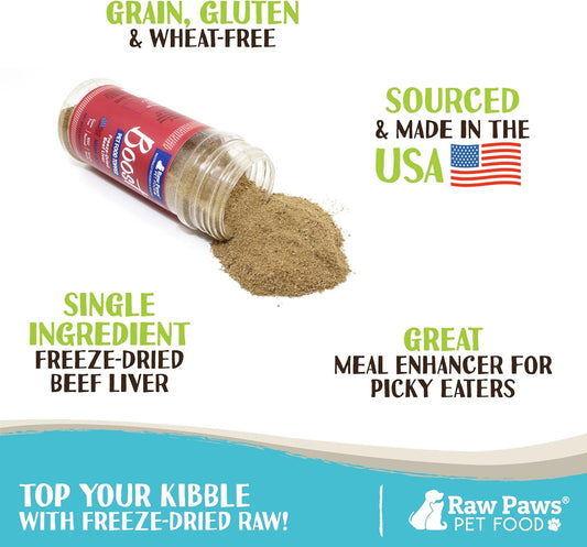 Raw Paws Boost Pet Food Topper Freeze-Dried Beef Liver, 3.2-Oz, Made In Usa, Dog Food Toppers For Picky Eaters, Cat Gravy Dog Gravy Topper For Dry Food, Beef Liver Sprinkles For Dogs, Cat Food Toppers