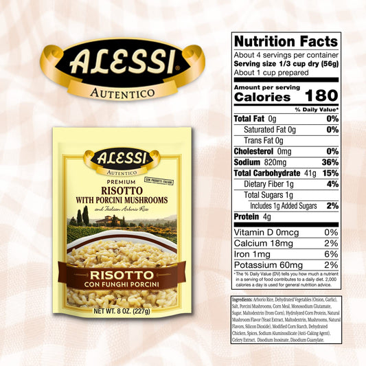 Alessi Autentico, Premium Seasoned Risotto, Italian Arborio Rice, Easy to Prepare, 8oz (Porcini Mushroom, Pack of 6)