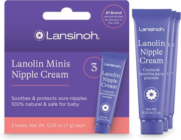 Lansinoh Lanolin Nipple Cream Safe For Breastfeeding Baby, Breastfeeding Essentials, 3 Mini Tubes, Each 0.25 Ounces