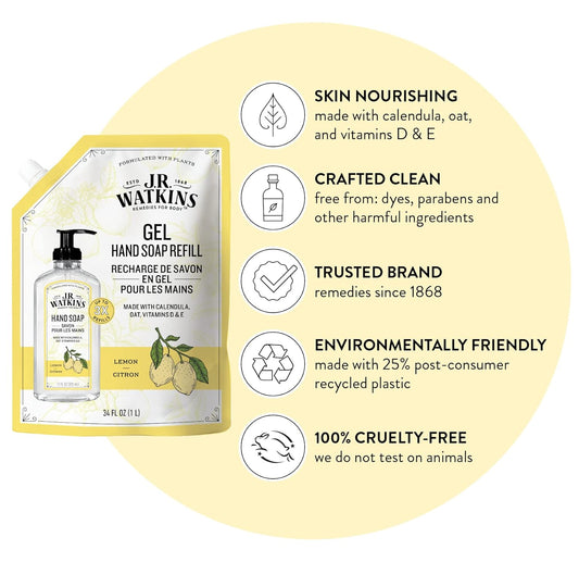 J.R. Watkins Gel Hand Soap Refill, Moisturizing Hand Wash, All Natural, Alcohol-Free, Cruelty-Free, Usa Made, Lemon, 34 Fl Oz, 3 Pack