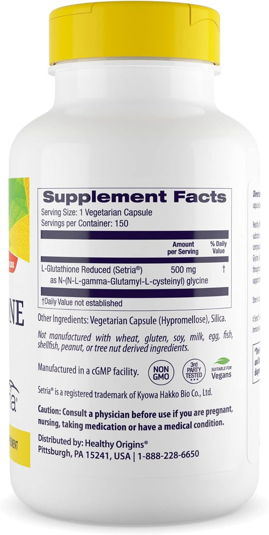 Healthy Origins L-Glutathione (Setria) Reduced, 500 mg - Immune Support Supplement - Collagen & Antioxidant Support - Gluten-Free Supplement - 150 Veggie Capsules