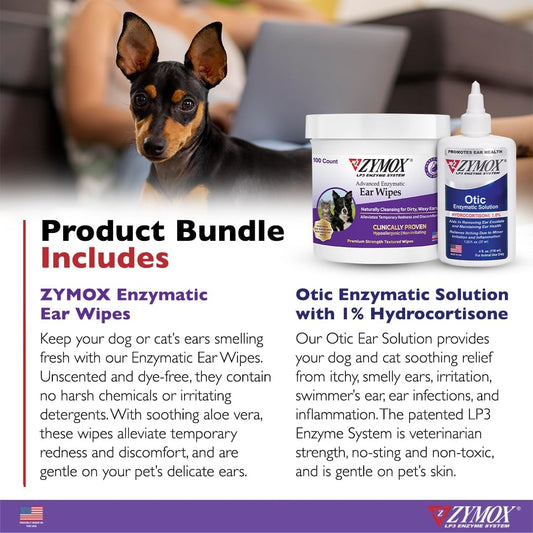 Zymox Enzymatic Ear Wipes And Otic Ear Solution For Dogs And Cats - Product Bundle - For Dirty, Waxy, Smelly Ears And To Soothe Ear Infections, 100 Count Wipes And 4Oz Bottle