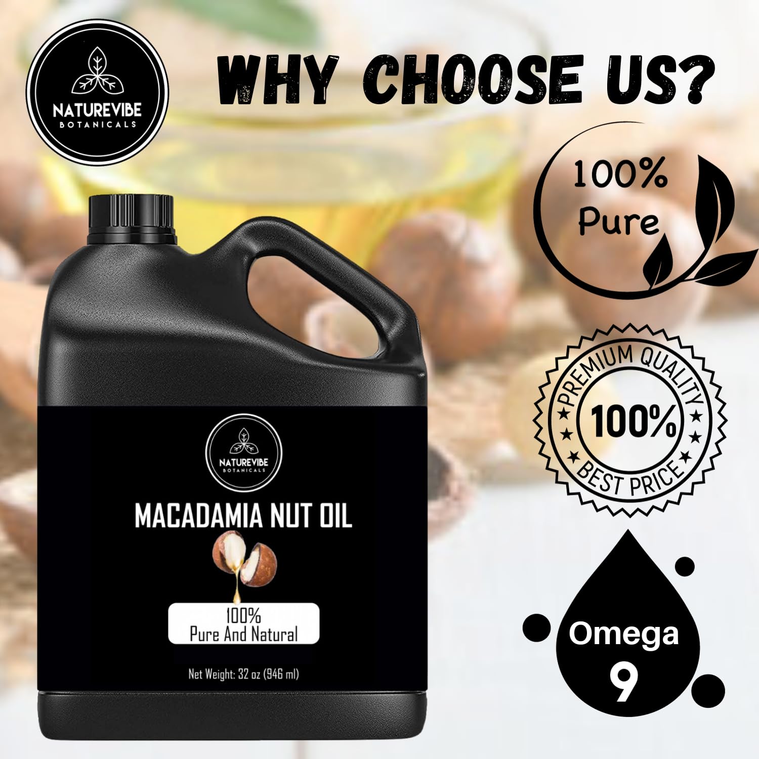 Naturevibe Botanicals Macadamia Nut Oil 32 Ounces Cold Pressed | 100% Pure & Natural | Great for Hair & Skin | Body Oil (946 ml) : Health & Household