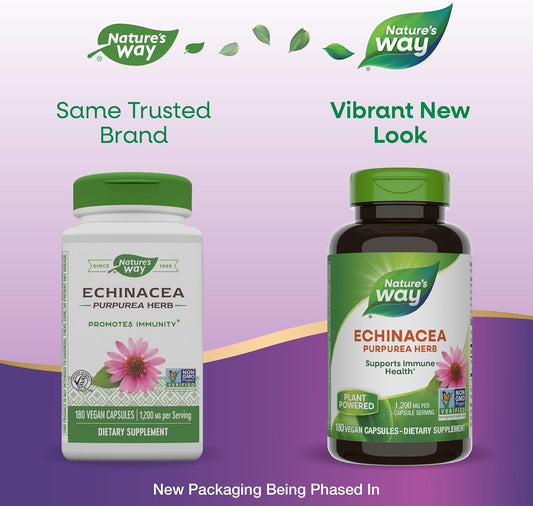 Nature'S Way Echinacea Purpurea Herb, Immune Support*, 1,200 Mg Per 3- Capsule Serving, Non-Gmo Project Verified, Vegan, 180 Capsules (Packaging May Vary)