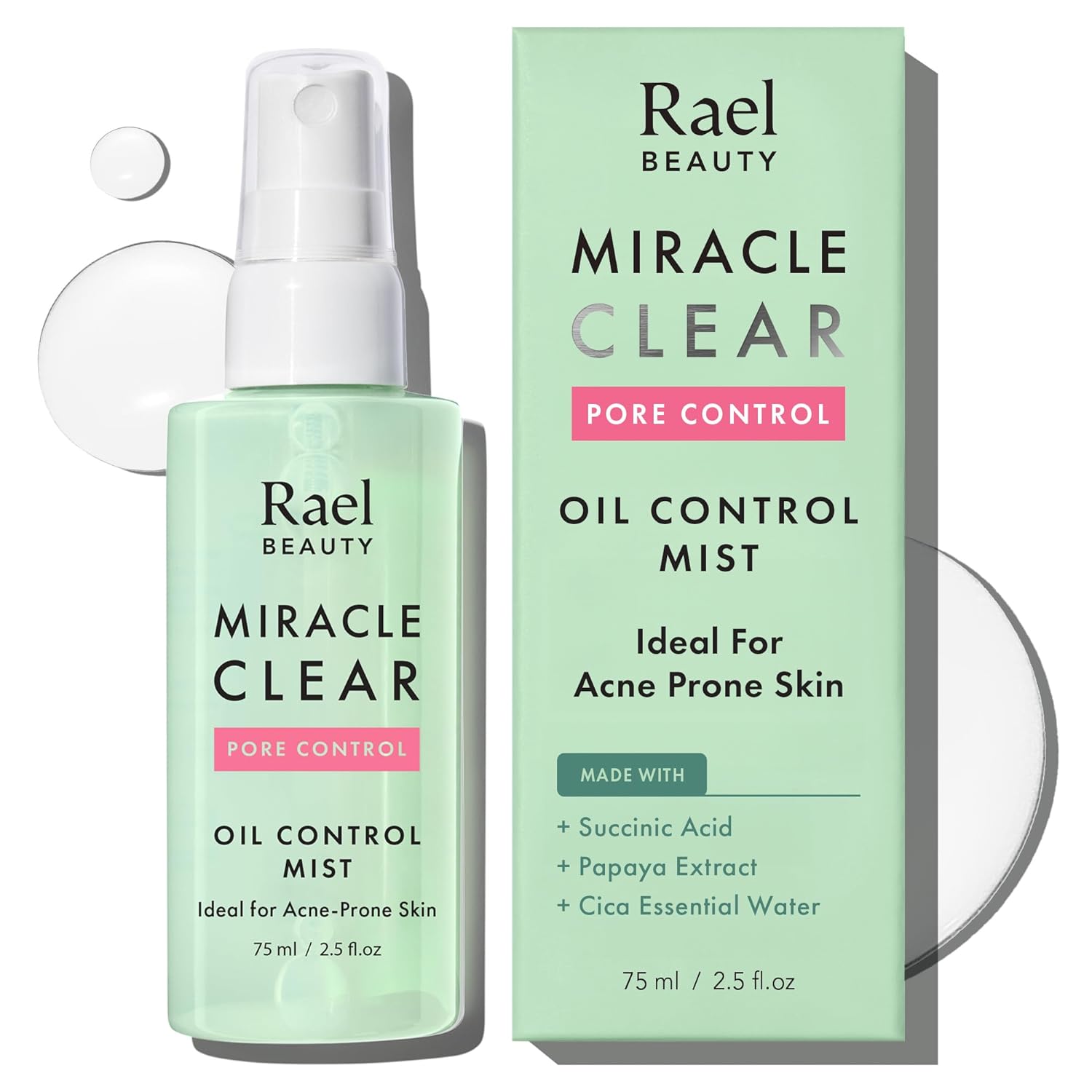 Rael Face Mist, Miracle Clear Oil Control Mist - Facial Spray Hydrating Mist, Pore Control for Acne Prone Skin, Korean Skincare, with Succinic Acid, Residue Free, Vegan, Cruelty Free (75ml, 2.5 fl oz)